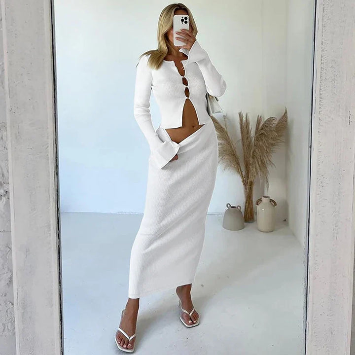 Knitted two-piece set: button-up shirt and fitted maxi skirt - MARIEL