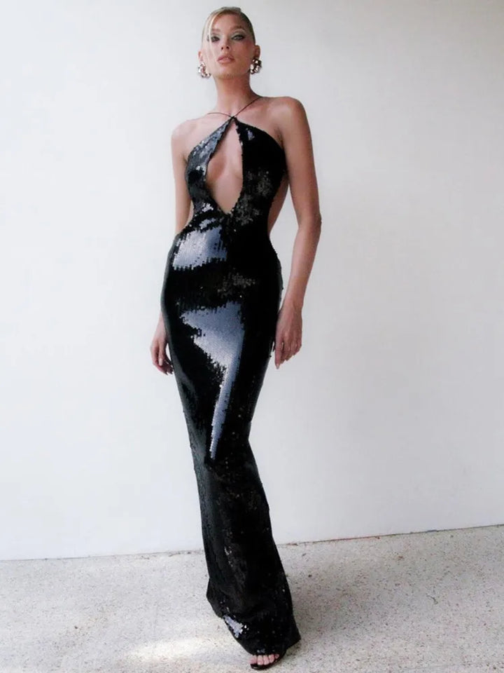 Sequin Maxi Dress with Cross Design and Open Back - Blake