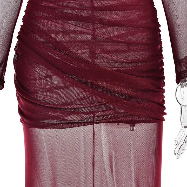 Mesh maxi dress with ruching design - Gvan