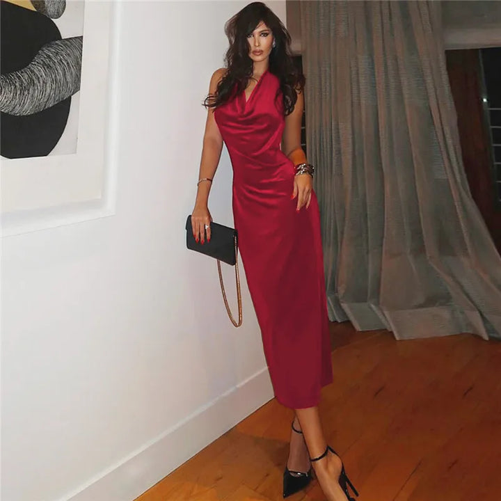 Maxi Velvet Dress with Dropped Collar and Open Back - Marla