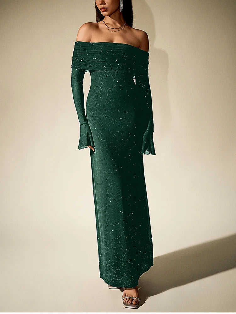 Sequin maxi dress with off-shoulder design and bell sleeves - Margarita