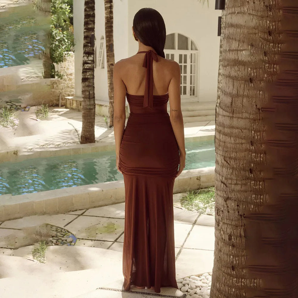 Maxi Chiffon Dress with Ruching Detail and Neck Tie Ruffle - Shelly