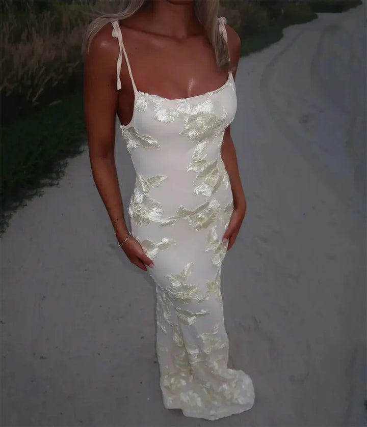 Maxi dress with tie straps decorated with floral embroidery - Michal