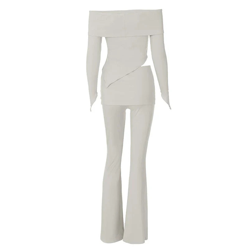 Two-piece knitted set with asymmetrical off-shoulder top and long pants - ROZIE
