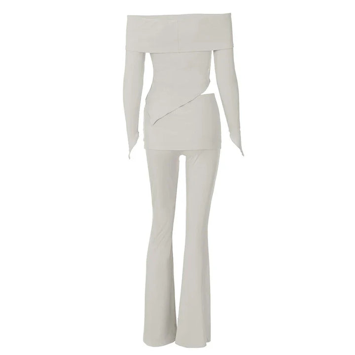 Two-piece knitted set with asymmetrical off-shoulder top and long pants - ROZIE