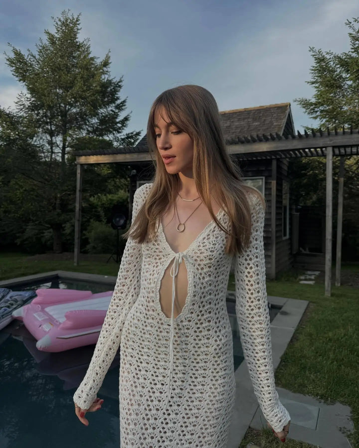 Crochet Maxi Dress with Tie Detail on Chest - Halo