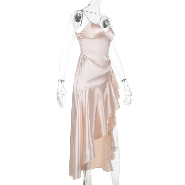 Satin Maxi Dress with Ruffle and Slit Detail - Siana