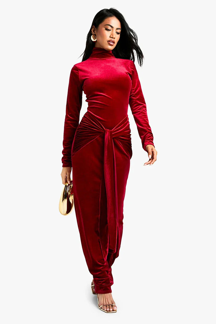 Velvet maxi dress with turtleneck and tie design - Karina