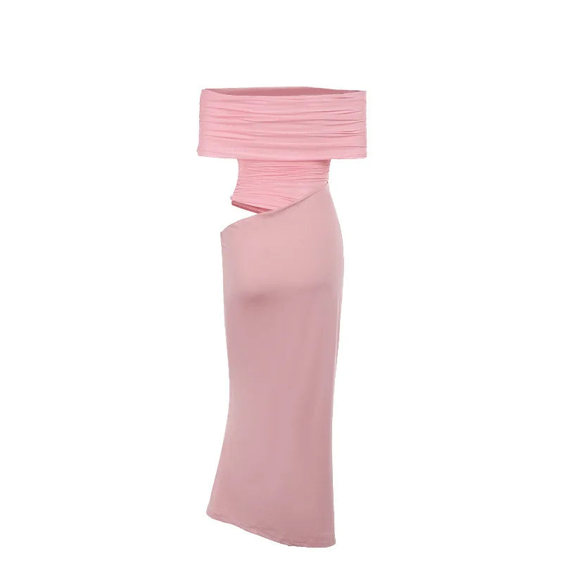Maxi dress with ruching, mesh design and off-shoulder - Keshet