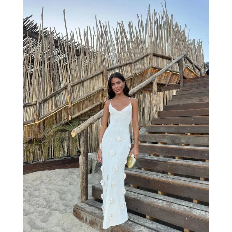 Knitted Maxi Dress with Floral Appliqués and Back Tie Detail - Malaya