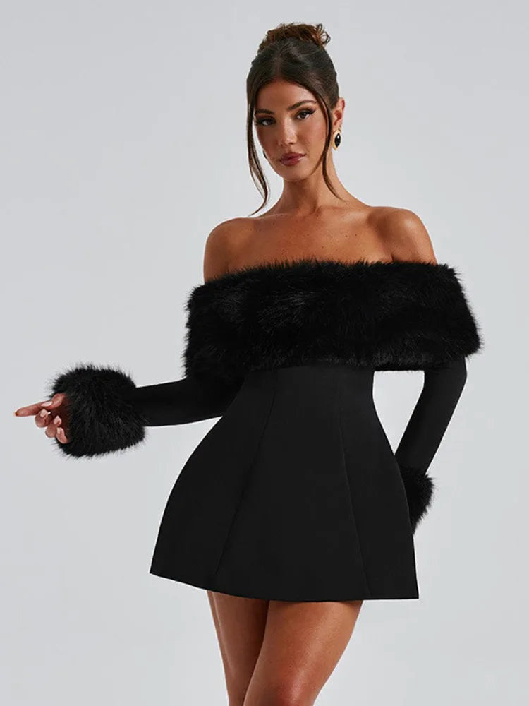 Off-shoulder A-line mini dress with feather fur detail - Ira