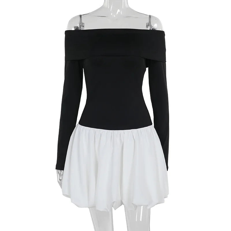 Monochrome balloon mini dress with bare shoulders - Lis