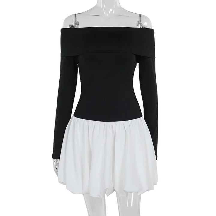Monochrome balloon mini dress with bare shoulders - Lis
