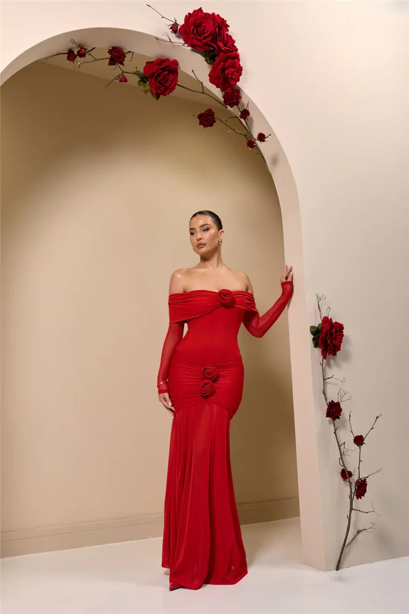 Off-shoulder maxi dress with ruching and floral appliqué decoration - Angelica