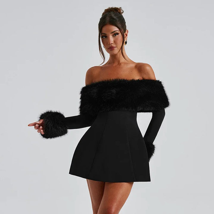 Off-shoulder A-line mini dress with feather fur detail - Ira
