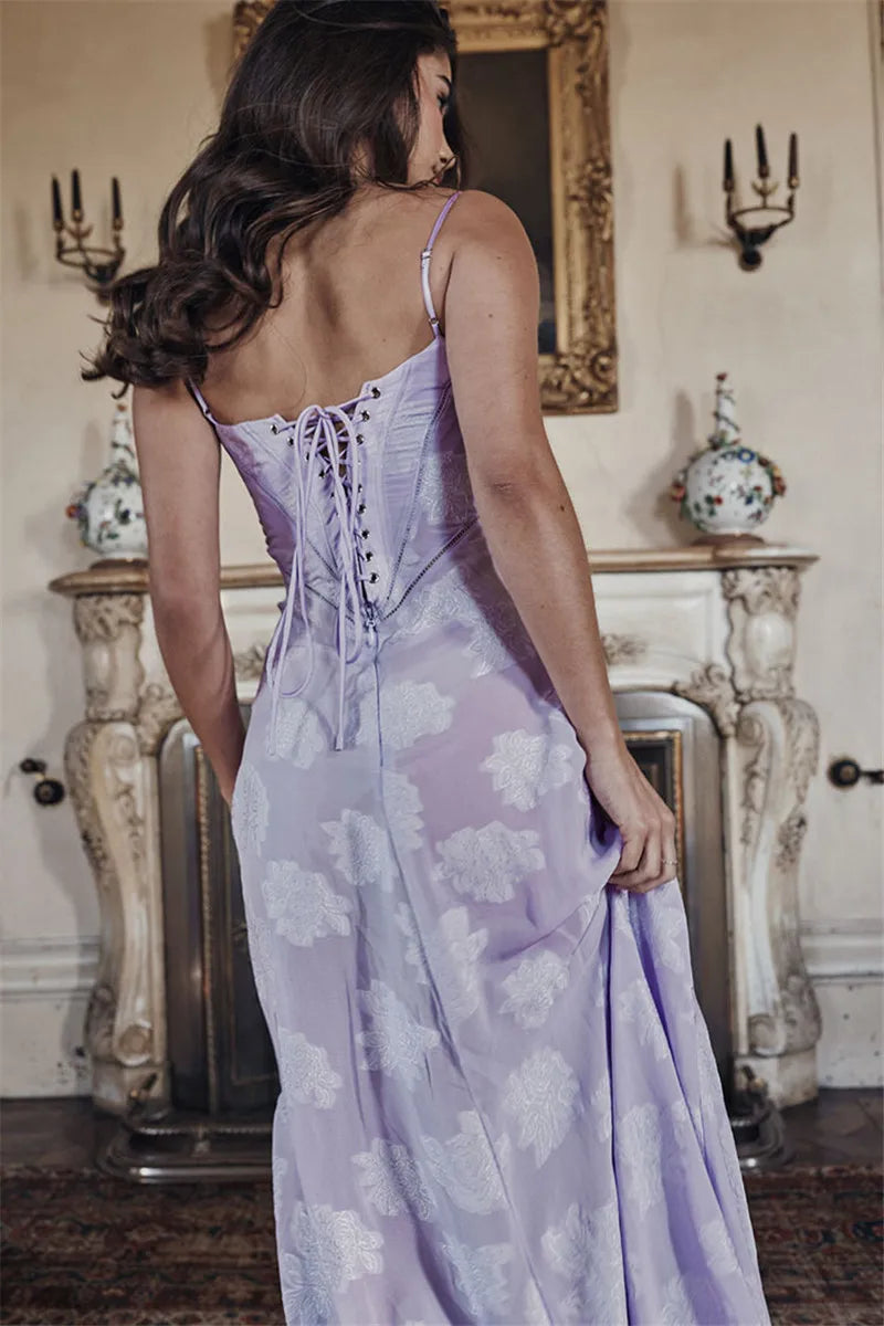 Maxi Dress with Floral Embroidery, Back Tie for Waist Fit - Millie