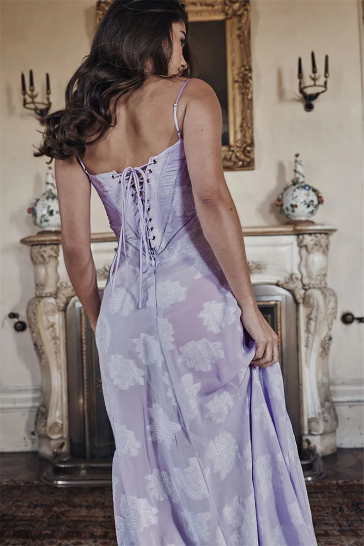 Maxi Dress with Floral Embroidery, Back Tie for Waist Fit - Millie