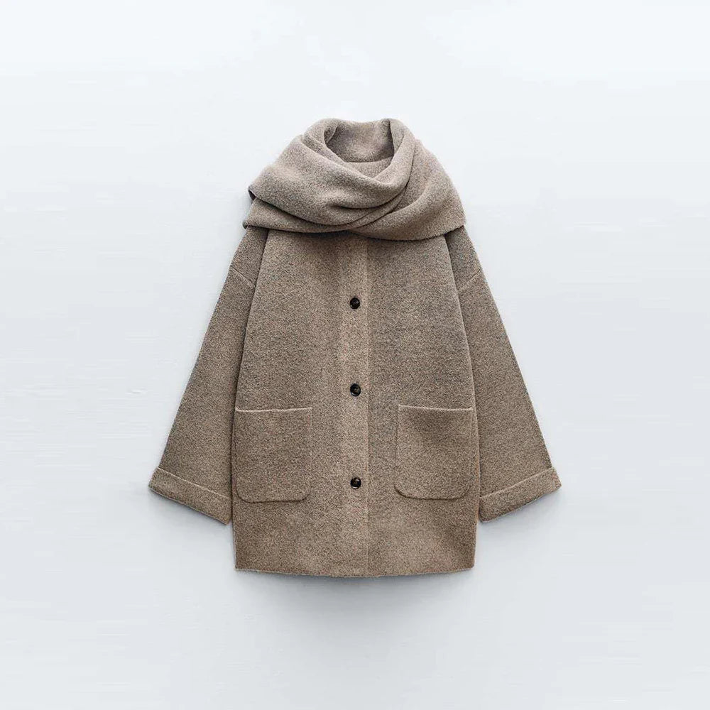 Wool Coat with Scarf Design, Button and Pocket Details - Lorenzo