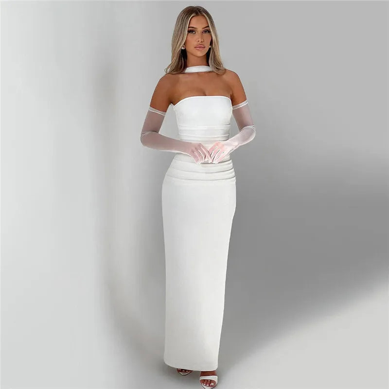 Maxi strapless dress with glove and chiffon scarf decoration - Annabel