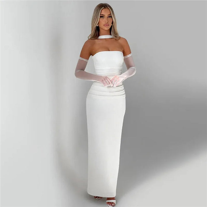 Maxi strapless dress with glove and chiffon scarf decoration - Annabel