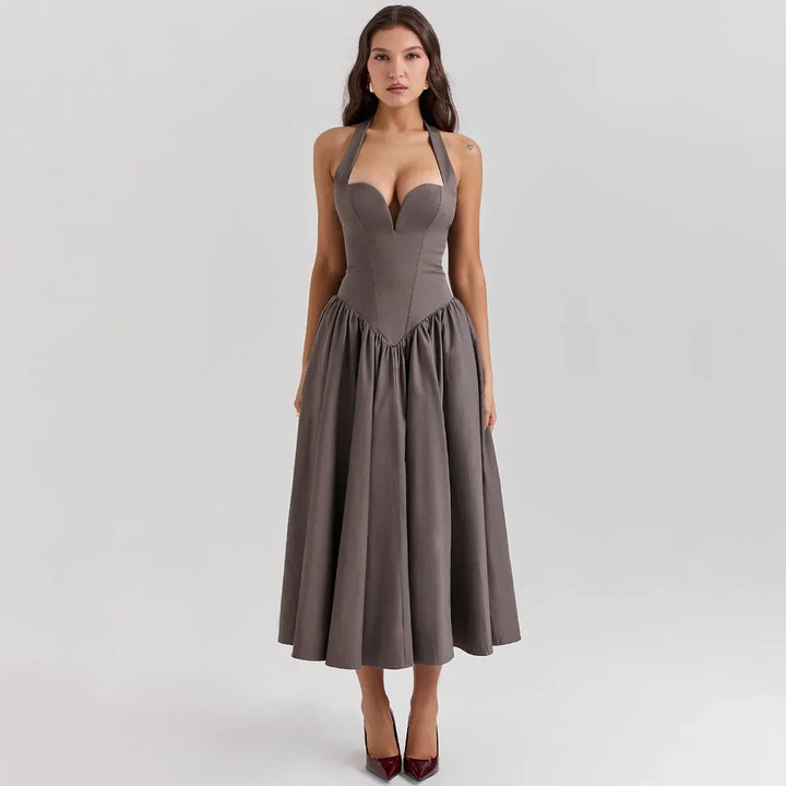 Midi A-Line Dress with Corset Design, Neck Tie - Tanya