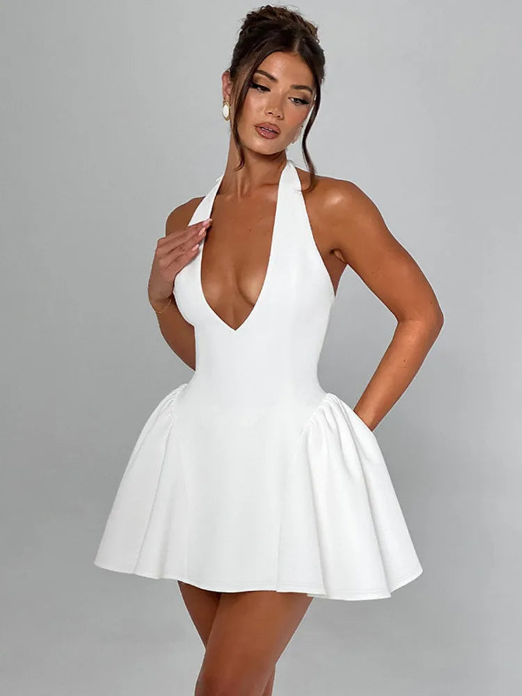 Mini A-line dress with V-neck and neck tie - Yolanda