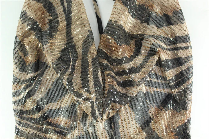 Leopard Print Sequin Maxi Dress with Draped Collar and Open Back - Magnolia