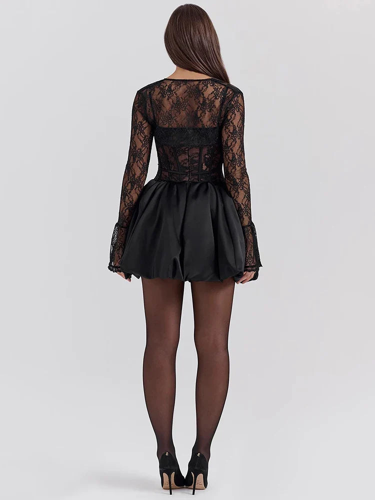 Balloon cut satin mini dress with corset design and lace cap sleeves - Miala