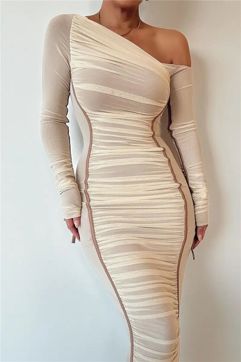 Midi ruched dress with asymmetrical neckline - LOV
