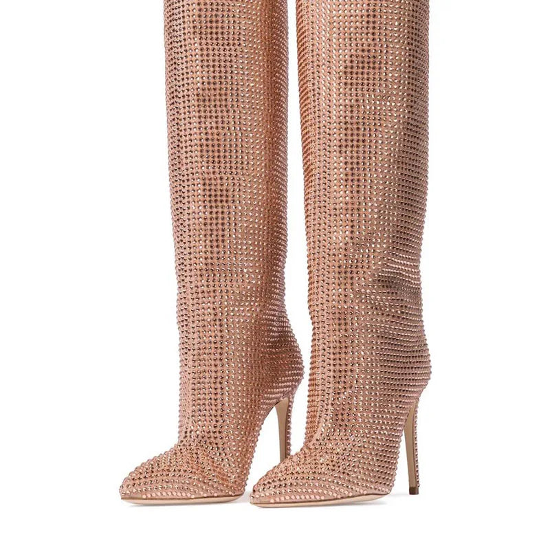 High Pointed Heel Boots with Sparkling Rhinestone Design - Josie
