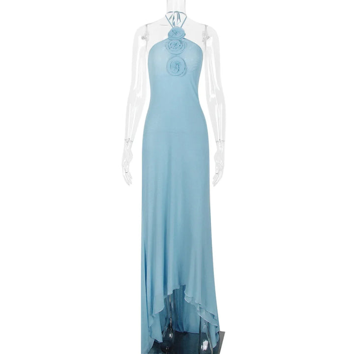 Chiffon Mesh Maxi Dress with Collar and Floral Detail - Florencia