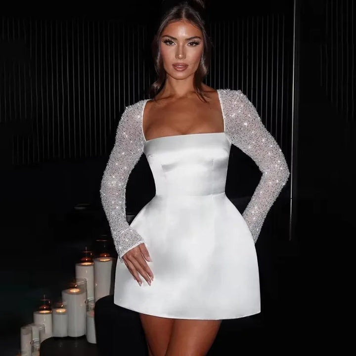 Satin Mini Dress with Mesh Sleeves and Glitter Decoration - Amara