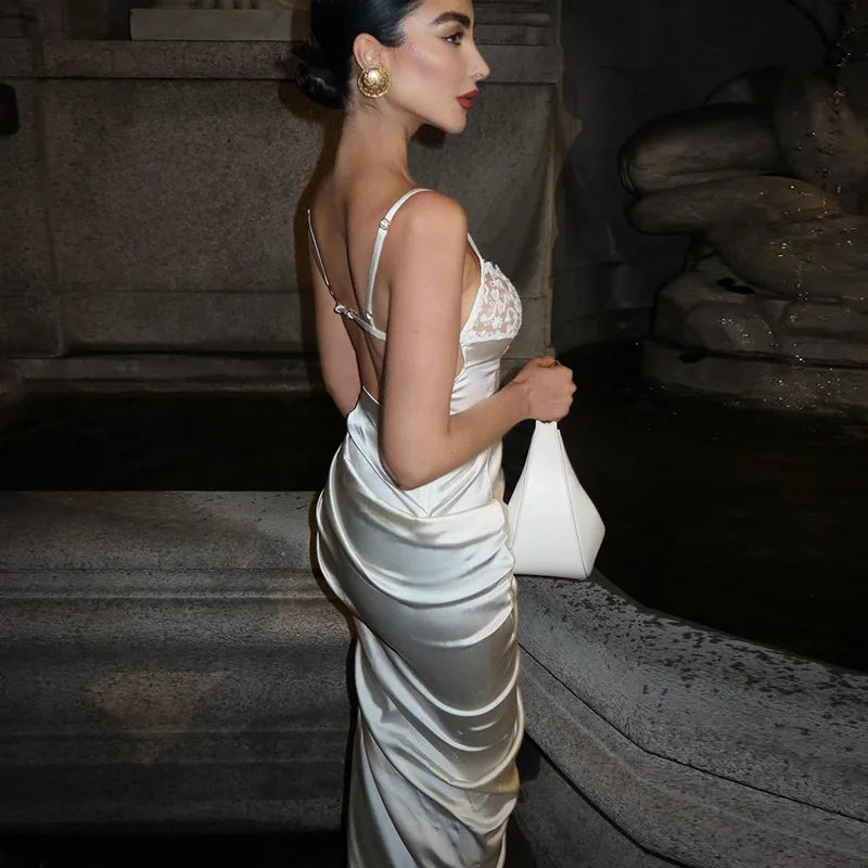 Satin Maxi Evening Dress with Slit and Lace Detail - Swan