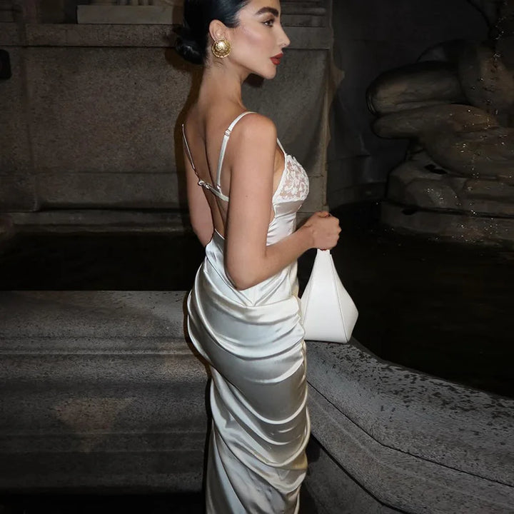Satin Maxi Evening Dress with Slit and Lace Detail - Swan