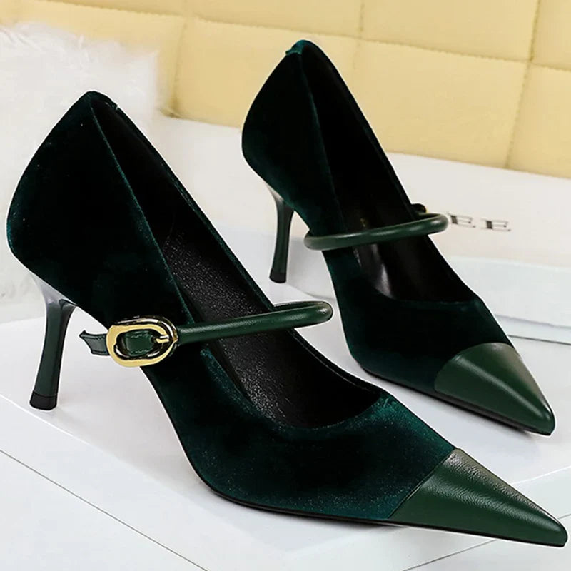 Pointed Heel Shoes with Velvet and Faux Leather Buckle Decoration - Mabel