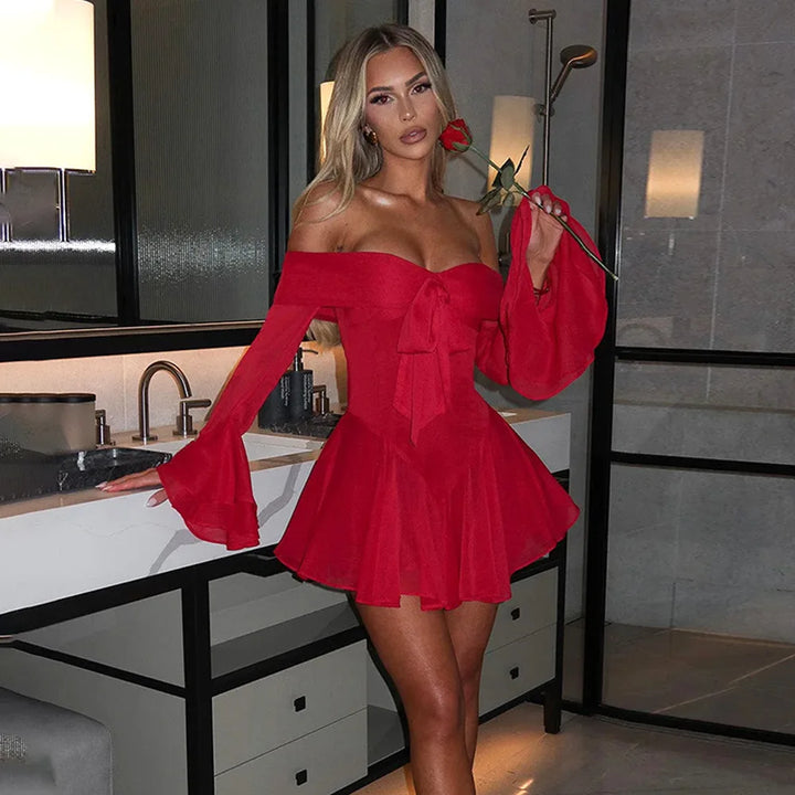 A-line Chiffon Mini Dress with Off-Shoulder - Lilyana