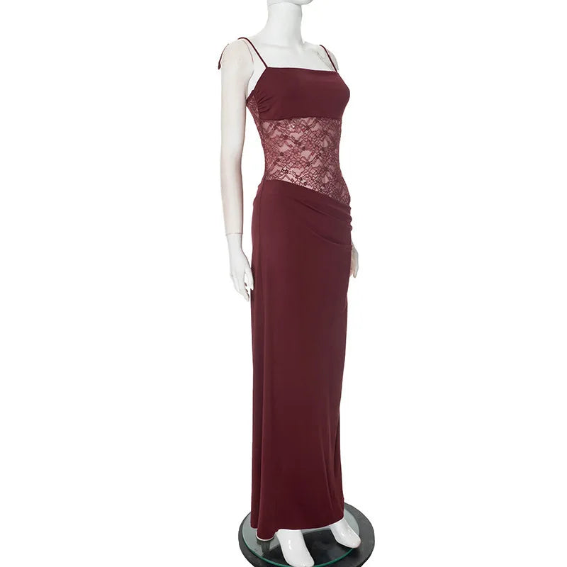 Elegant Maxi Dress with Lace and Tie Straps - Indigo