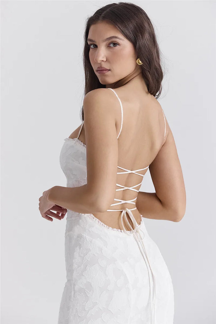 Chiffon Maxi Dress with Leaf Embroidery and Back Tie Design - BLANCA