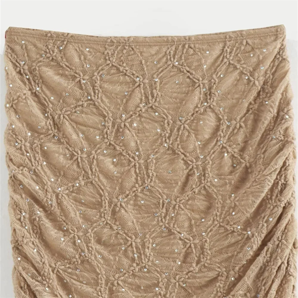 Two-piece set with one-shoulder top and midi skirt with pleats, lace, and rhinestone decoration - MELLISA