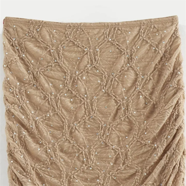 Two-piece set with one-shoulder top and midi skirt with pleats, lace, and rhinestone decoration - MELLISA