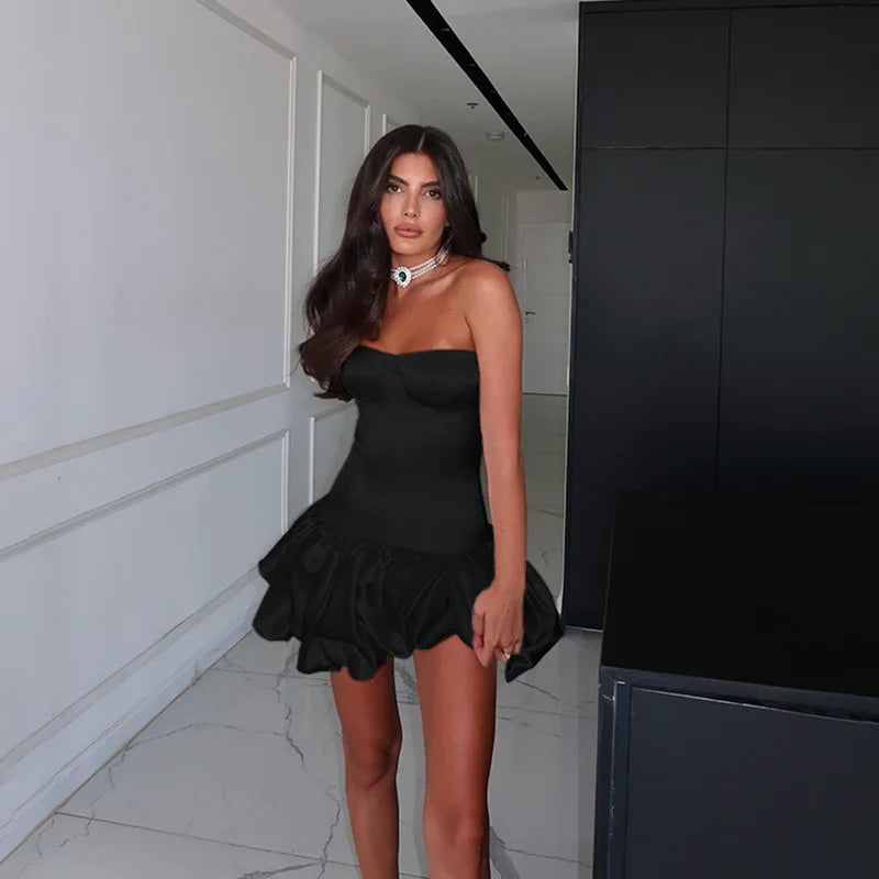 Strapless Satin Mini Dress with Balloon Ruching Design - BELLEN