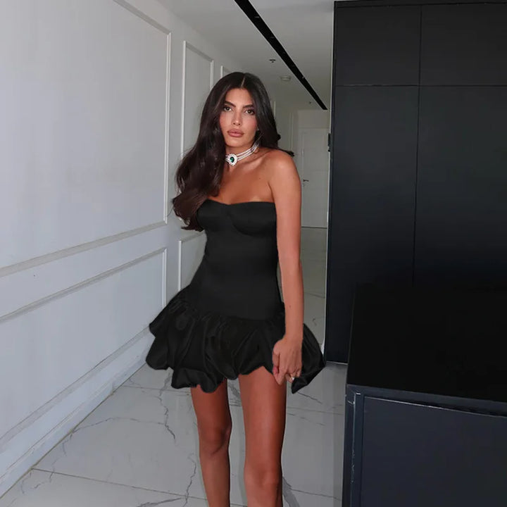 Strapless Satin Mini Dress with Balloon Ruching Design - BELLEN