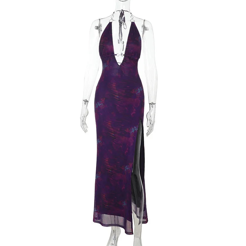 Summer mesh maxi dress with neck tie and hoop buckle details - Amaya