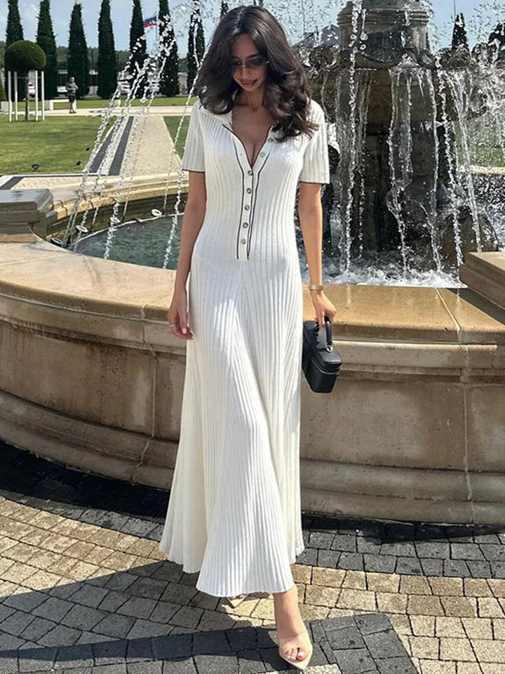 Knitted Maxi Dress with Elegant Design and Button Decoration - Ivanna