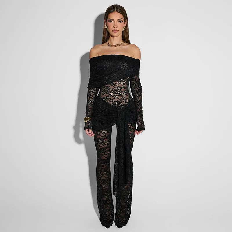Lace jumpsuit with train and off-shoulder design - Gefen
