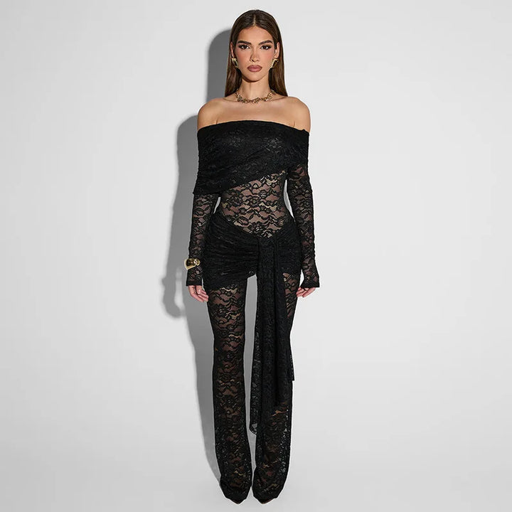 Lace jumpsuit with train and off-shoulder design - Gefen