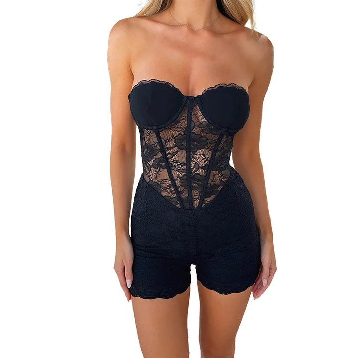 Strapless short pants jumpsuit with lace corset detail - Alex