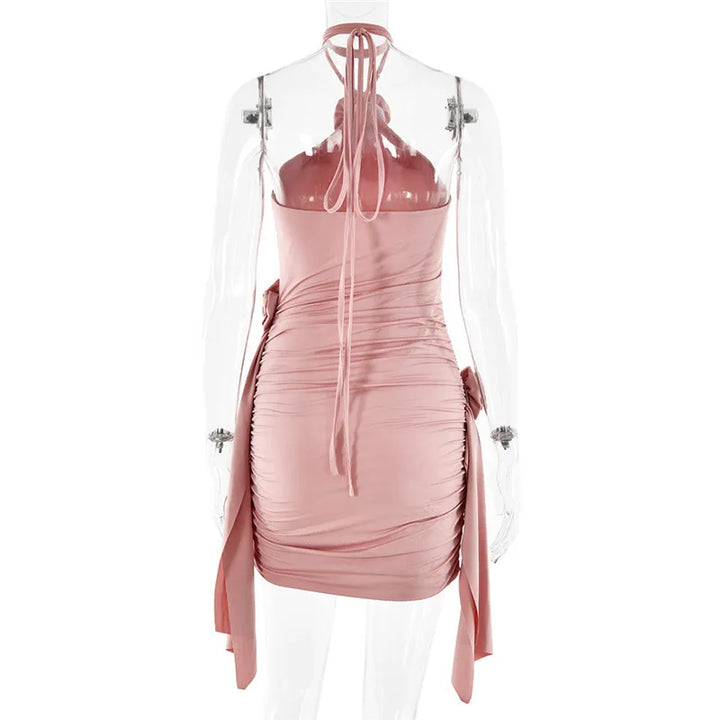 Ruched mini dress with neck tie and floral appliqué - Jasmina