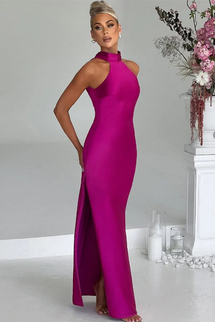 Maxi Satin Collar Dress with Slit Detail - Amari