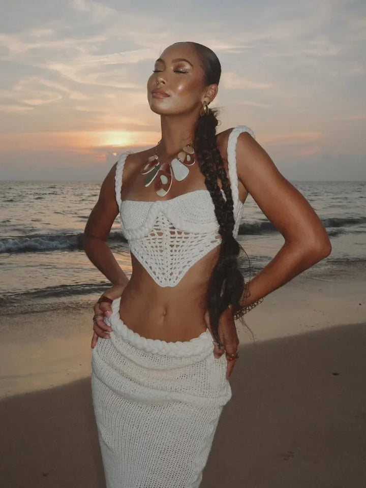 Two-piece crocheted beach set, top and maxi skirt - Aqua